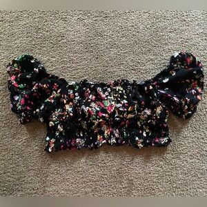 women's cropped top - colorful floral pattern, fun sleeves - size large - h&m